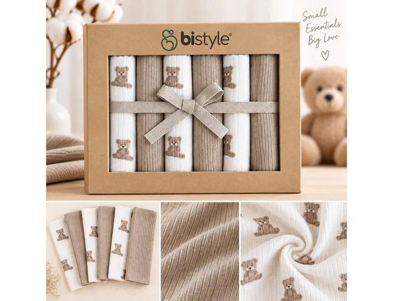 bistyle bistyle Spucktuch BabySpucktücher 6er Set, 20x20 cm, Bio-Baumwolle, kleinen Motiven, (6er Pack, 6-tlg), Basic, Beige, – Produktbild 4 von 4
