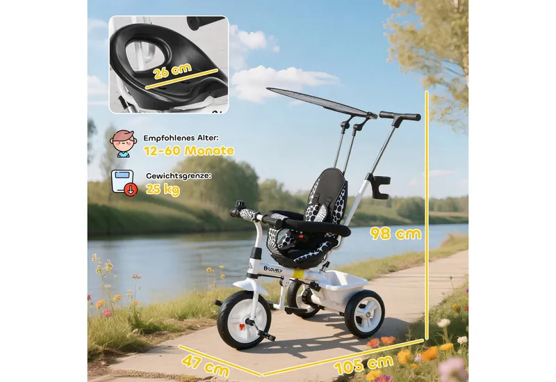 HOMCOM HOMCOM 6-in-1 Dreirad mit Schubstange, Kinderdreirad mit Sonnendach, Korb, Weiß, – Produktbild 4 von 6