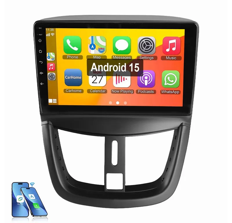ESSGOO Für Peugeot 207 2006-2015 Android 15.0 Autoradio Navigationsgerät (Apple Carplay Android Auto GPS Navi WIFI BT SWC), Schwarz, – Produktbild 1 von 5