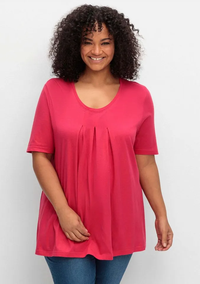 sheego sheego T-Shirt T-Shirt Kurzarm in A-Linie, mit Kellerfalten am Ausschnitt, Rosa, – Produktbild 2 von 3