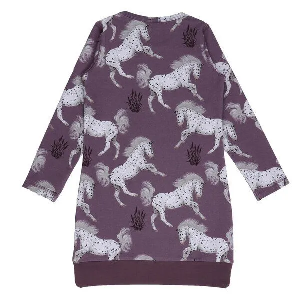 Walkiddy Mädchen Sweatkleid GOTS-zertifiziert aus Bio-Baumwolle lila mit Pferde-Motiv – Walkiddy – Produktbild 2 von 3