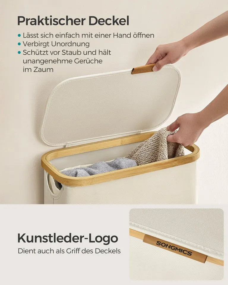 SONGMICS SONGMICS Wäschekorb mit Deckel, herausnehmbarer Einsatz, Bambus‑Rahmen, Oxford‑Gewebe, 65 L, 42 x 22,5 x 70,5 cm, mit Deckel, platzsparend, Griffe aus Bambus, Weiß, – Produktbild 4 von 5