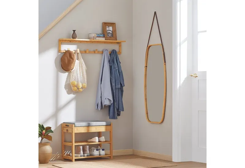 SoBuy Sitzbank FSR47, Schuhbank mit Sitzfläche Garderobenbank Schuhregal Sitzbank Bambus, Beige, – Produktbild 2 von 8