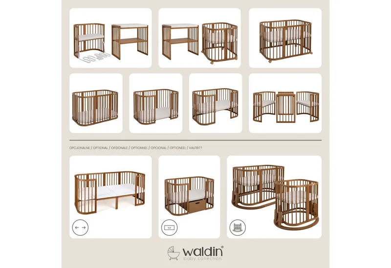 Waldin Waldin Babybett 7in1 mitwachsend, Beistellbett, Matratze, Rollen, Buche, Vintage, Braun, – Produktbild 4 von 5