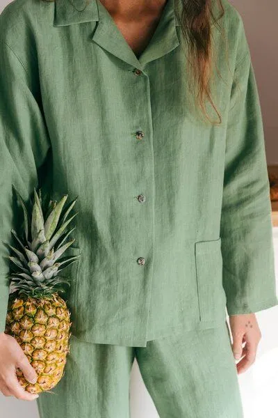 AmourLinen AmourLinen Langarm-Pyjama-Set Snooze, Matcha grün, – Produktbild 2 von 4