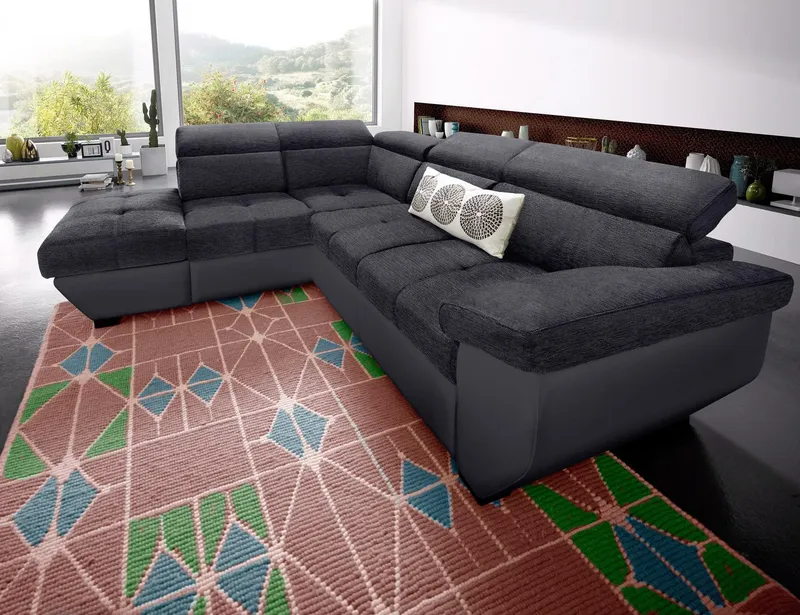COTTA Ecksofa Speedway L-Form, B: 262cm, moderne Couch, bequeme Wellenunterfederung, Kopfteilverstellung, optional Schlaffunktion & Bettkasten, Schwarz, – Produktbild 1 von 5