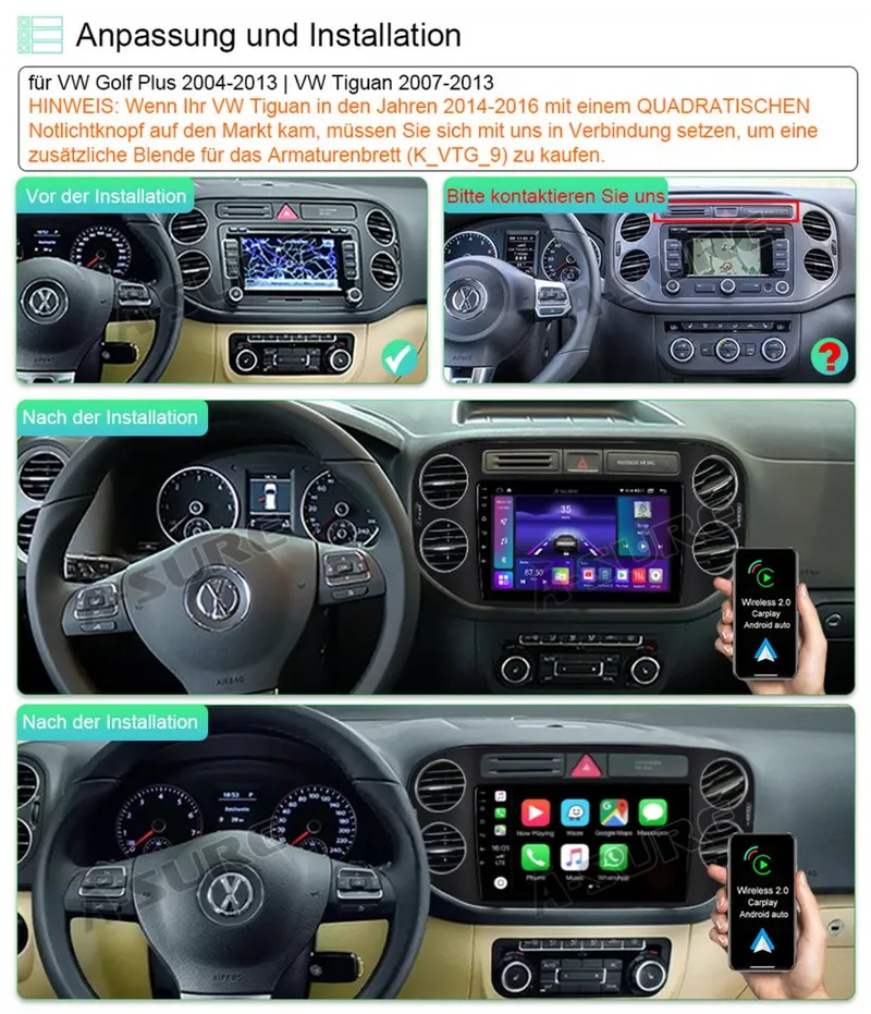 A-Sure 8-Core Android 15 Carplay Navi 4+64GB Für VW Tiguan 5N GOLF Plus Autoradio (RDS, DSP, Digitalradio (DAB), 8 Core, FM, AM, 1280*720) – Produktbild 3 von 5