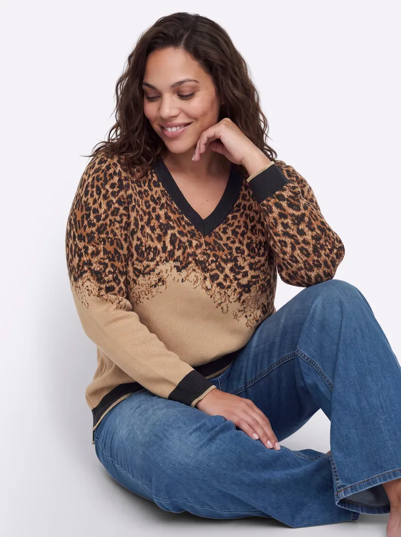 sheego sheego Jacquard-Pullover schoko-cognac-gemustert, Schoko-cognac-gemustert, – Produktbild 2 von 2