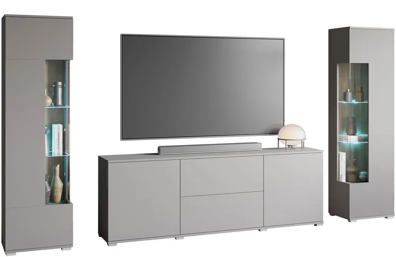 OTTO home Wohnwand KENIA, (Komplett-Set, 3-St), Vitrinen mit Eckverglasung, hängend und stehend montierbar, Grau, – Produktbild 3 von 5