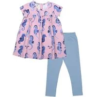 Walkiddy Kinderkleid-Set GOTS zertifiziert Bio-Baumwolle Rosa Seepferdchen-Print Kurzarm inkl. Leggings Blau – Walkiddy – Produktbild 1 von 1