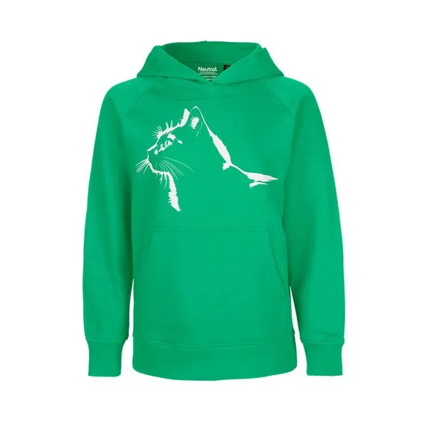 HANDGEDRUCKT HANDGEDRUCKT "Stubentiger" Kinder-Hoody aus reiner Biobauwolle (kbA) Katze, Green, – Produktbild 1 von 4