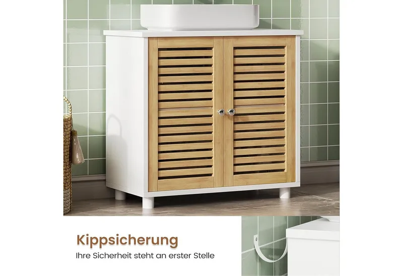 MSMASK Waschbeckenunterschrank Badezimmerschrank mit 2 Türen, Große Schublade, 30 x 60 x 65 cm, Weiß Offene Fächer an Einer Seite, Rechts Oder Links Austauschbar, Beige, – Produktbild 5 von 5