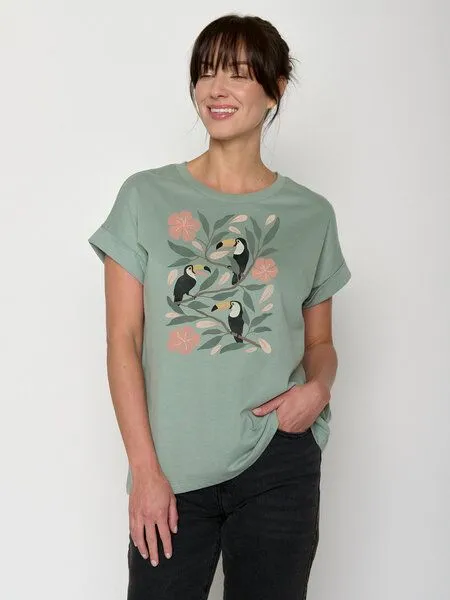 GreenBomb GREENBOMB Tucan Flower Loony - Sportliches T-Shirt aus Bio-Baumwolle mit Rollup Sleeve / hochwertiger Print / GOTS / Fair & Vegan, Grün (blassgrün), – Produktbild 1 von 4