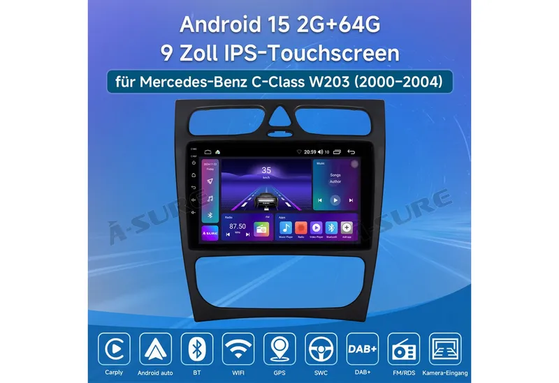 A-Sure Autoradio Android 15 Carplay Für Mercedes Benz C-Klasse W203 W209 Autoradio (Digitalradio (DAB), FM, AM), 1, – Produktbild 1 von 5