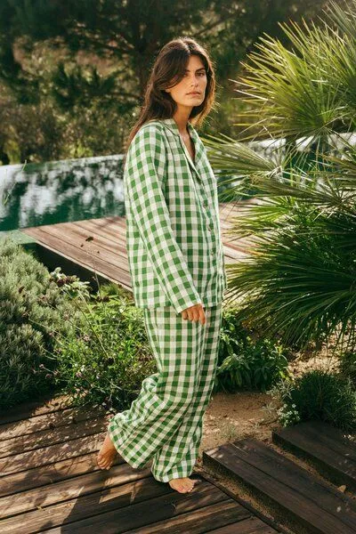 AmourLinen AmourLinen Langarm-Pyjama-Set Nightly, Grünes gingham, – Produktbild 4 von 4