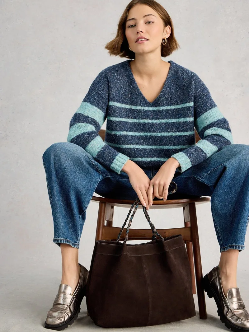 White Stuff Gestreifter Pullover Tamara mit V-Ausschnitt - 40, Blau multi, – Produktbild 1 von 4