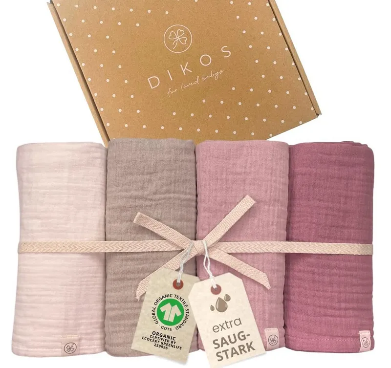 Babydecke Spucktücher, Mulltücher 4er-SET, 64x64 100% GOTS BIO-Baumwolle, DIKOS, PREMIUM Qualität atmungsaktiv, nachhaltig, plastikfrei, kuschelweich, Beere creme, – Produktbild 1 von 5