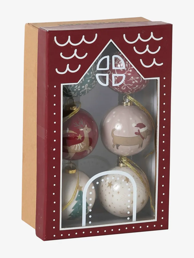 Vertbaudet Set aus 6 Weihnachtskugeln 3D, Rot bedruckt, – Produktbild 2 von 3