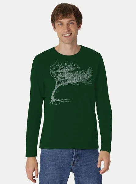 Peaces.bio - handbedruckte Biomode Peaces.bio - handbedruckte Biomode Bio-Herren-Langarmshirt "Windy Tree", Flaschengrün, – Produktbild 2 von 3