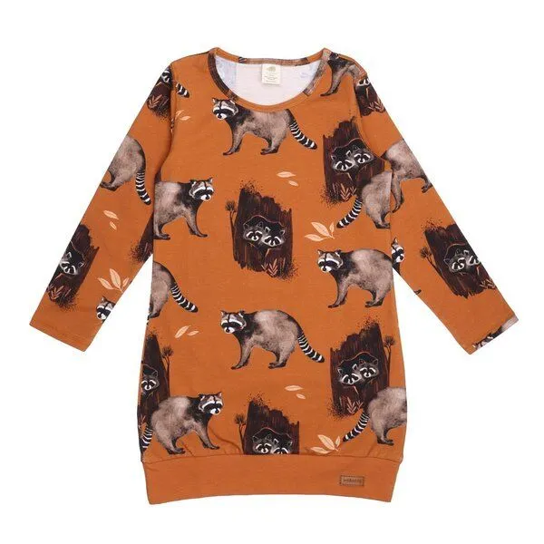 Walkiddy Kleinkind Sportkleid GOTS zertifiziert Bio-Baumwolle 95/5 Elasthan Braun Allover-Print „Curious Raccoons“ – Walkiddy – Produktbild 1 von 2