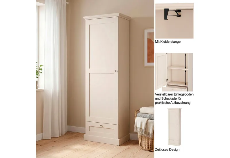 OTTO home Garderobenschrank Binz Flurschrank mit 1 Tür, 1 Schublade und ausziehbare Kleiderstange 1 verstellbarer Einlegebode, Metallknopfgriffe, Höhe 180 cm, Beige, – Produktbild 3 von 5