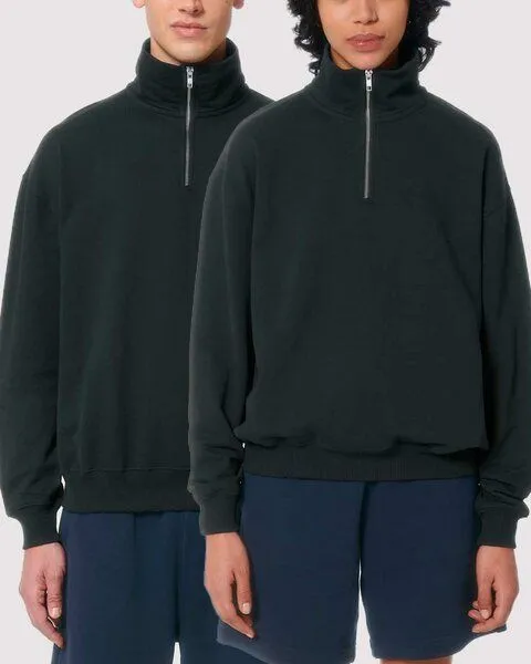 YTWOO YTWOO Oversized Sweatshirt mit kurzem Reißverschluss aus reiner Bio-Baumwolle; Unisex Troyer, Schwarz, – Produktbild 1 von 4