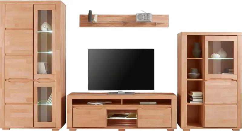 OTTO home Wohnwand Denis, (Set, 4-St), Breite: 340cm, 1Vitrine, 1Stauraumvitrine, 1 Lowboard und 1 Wandregal, Braun, – Produktbild 7 von 8
