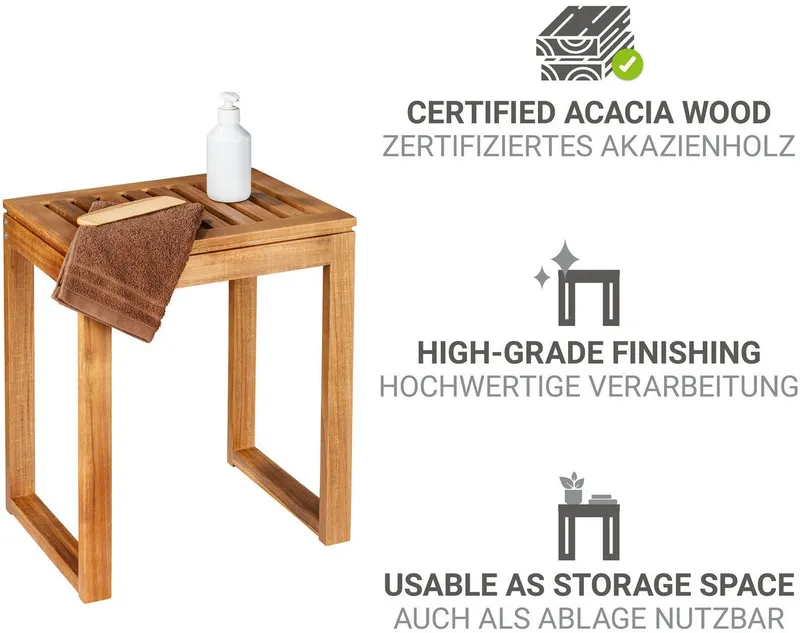 Wenko Wenko Badhocker Fondi, fürs Badezimmer aus Akazienholz, auch als Ablage nutzbar, Braun, – Produktbild 1 von 5