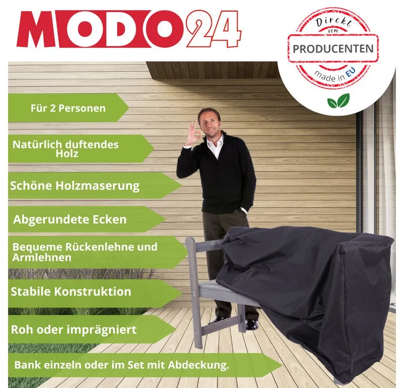 Modo24 Gartenbank LG01 Parkbank, Gartenmöbel, Sitzbank, Bank Friesenbank, Holzbank, Zweisitzer, In- & Outdoor, FSC-Holz Massiv 4 Farben Schutzhülle, Braun, – Produktbild 5 von 5