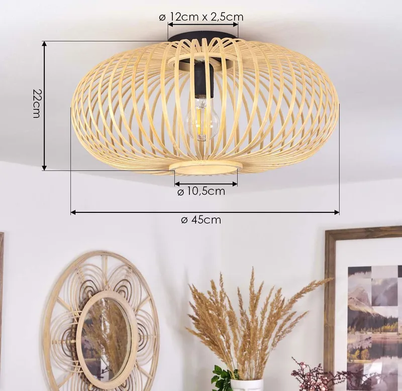 hofstein Deckenleuchte »Aidone« runde Deckenlampe aus Holz/Metall in Natur/Schwarz, ohne Leuchtmittel, Gitter-Optik mit Lichteffekten, E27, Beige, – Produktbild 1 von 5