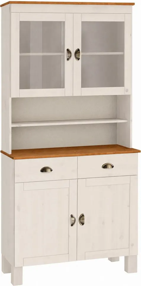 Home affaire Küchenbuffet Oslo 85 cm breit, aus massiver Kiefer, mit 2 Glastüren, Metallgriffe, Weiß, – Produktbild 2 von 5