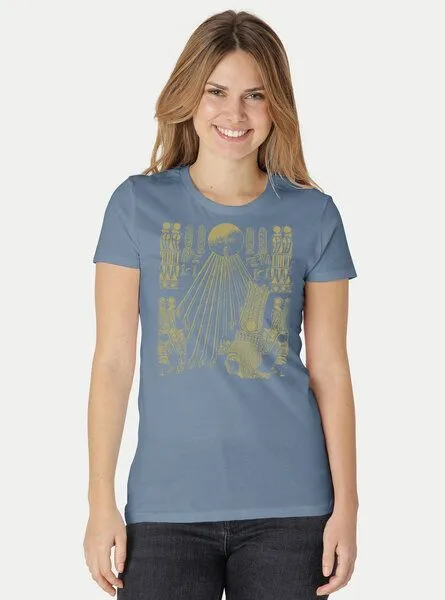 Peaces.bio - handbedruckte Biomode Peaces.bio - handbedruckte Biomode Damen Fit T-Shirt Sonnenscheibe Aton, Blaugrau, – Produktbild 2 von 2