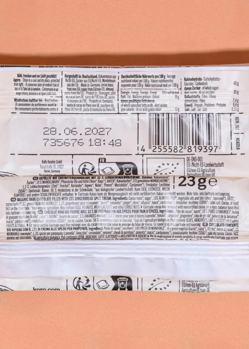 KoRo KoRo Bio Zartbitterschokolade mit Lebkuchengewürzfüllung | 23 g – Produktbild 5 von 5