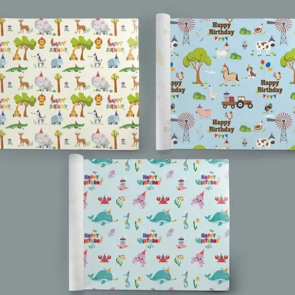 Fines Papeterie Fines Papeterie 3x 3m Geschenkpapier Happy Birthday Zoo Set für Kinder 3 Rollen je 300x47 cm mit lustigen Tieren Bauernhof Safari Meer – Produktbild 3 von 4