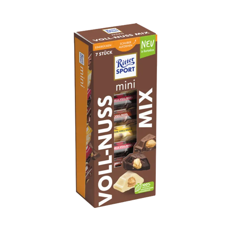 Ritter Sport Ritter Sport Mini Voll Nuss Mix, 3 Sorten (VollNuss, Dunkle VollNuss, Weisse VollNuss), 7 Stück, 116g – Produktbild 1 von 1