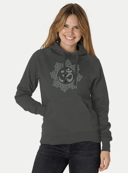 Peaces.bio - handbedruckte Biomode Peaces.bio - handbedruckte Biomode Bio-Damen-Kapuzensweater "Classic-Om", Graphitgrau, – Produktbild 2 von 3