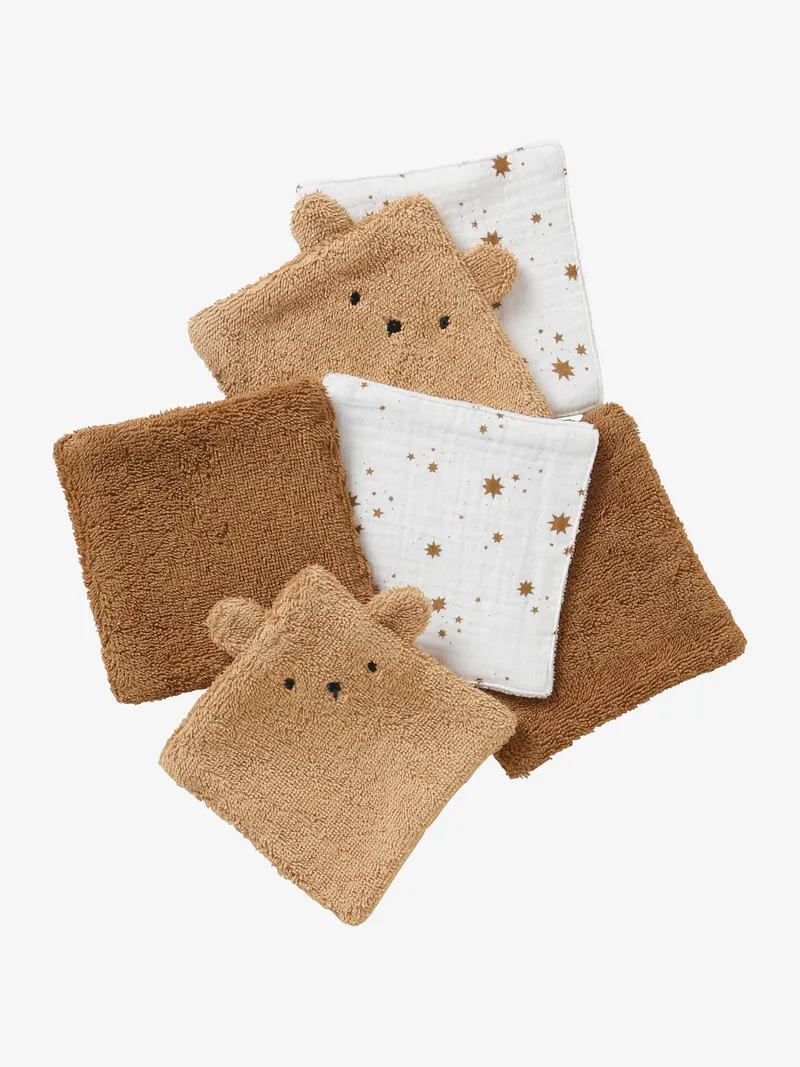 Vertbaudet 6er-Pack Waschlappen mit Aufbewahrungsbeutel BÄR, Karamell, – Produktbild 2 von 3