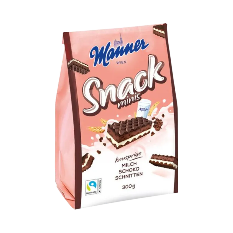Manner Manner Snack Minis Milch Schoko Schnitten 300g - Knusprige Kakaowaffeln - Milchcreme und Kakaocreme - Fairtrade-Siegel - Waffelgebäck. Knusprige mit – Produktbild 1 von 1