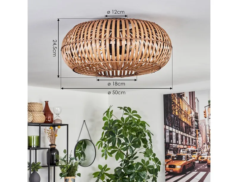 hofstein Deckenleuchte moderne Deckenlampe aus Metall/Bambus in Schwarz/Natur/Dunkelbraun, ohne Leuchtmittel, m. Lichteffekt an der Decke, Ø 50 cm, 3 x E27, ohne Leuchtmittel, Beige|braun, – Produktbild 4 von 5