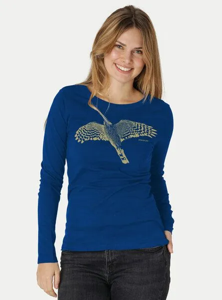Peaces.bio - handbedruckte Biomode Peaces.bio - handbedruckte Biomode Bio-Damen-Langarmshirt Sperber, Königsblau, – Produktbild 2 von 3