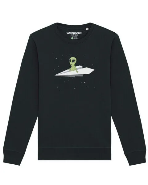 watapparel watapparel Sweatshirt Unisex Alien on a paper plane, Black, – Produktbild 1 von 3