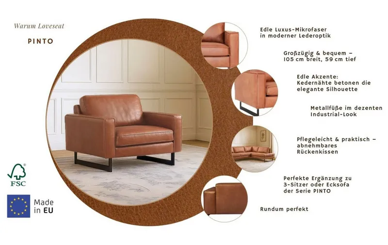 OTTO home Loveseat Pinto 105 cm, Cord, Chenille, Lederoptik, mit Keder, Metallfüßen und auch in Cord Bezug erhältlich, Braun, – Produktbild 5 von 7