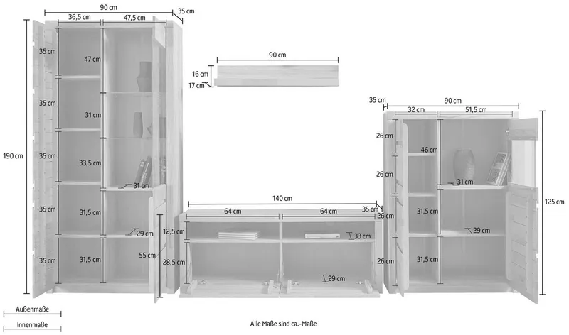 OTTO home Wohnwand Silkeborg: 4-teilig, Breite: 320cm, Griffmulden, Fronten Massivholz, (Set, 4-St), Set besteht aus 1 Vitrine, 1 Lowboard, 1 Sideboard und 1 Wandregal, Braun, – Produktbild 5 von 5