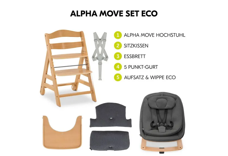 Hauck Hauck Hochstuhl Alpha Move Newborn Set - Deep Grey - Natur, Holz Babystuhl ab Geburt mit Neugeborenensufsatz, Sitzkissen, Essbrett – Produktbild 2 von 5