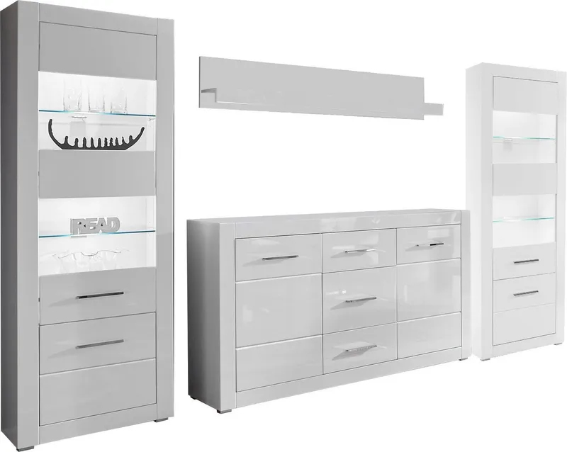 Home affaire Wohnwand Bianco, moderne Anbauwand, Komplettset, Wohnzimmer-Set, (Set, 4-St), enthält Vitrine, Sideboard und Wandboard, 314 cm breit, Weiß, – Produktbild 1 von 5