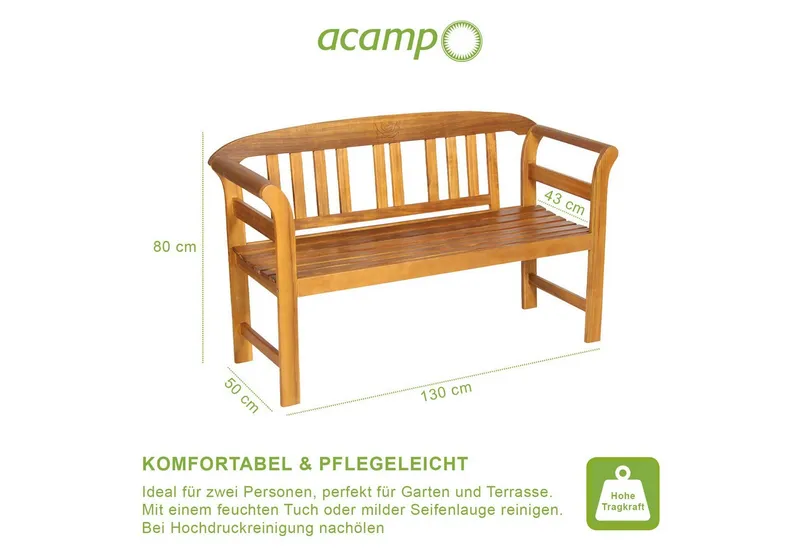 acamp Sitzbank Gartenbank Holz 2-Sitzer wetterfest, Massivholz Akazie FSC® geölt (Holzbank, 1-St., Gartenmöbel), Teakholz-Optik, geschnitzte Rose, 130x50x80 cm, Balkon, Terrasse, Braun, – Produktbild 5 von 5
