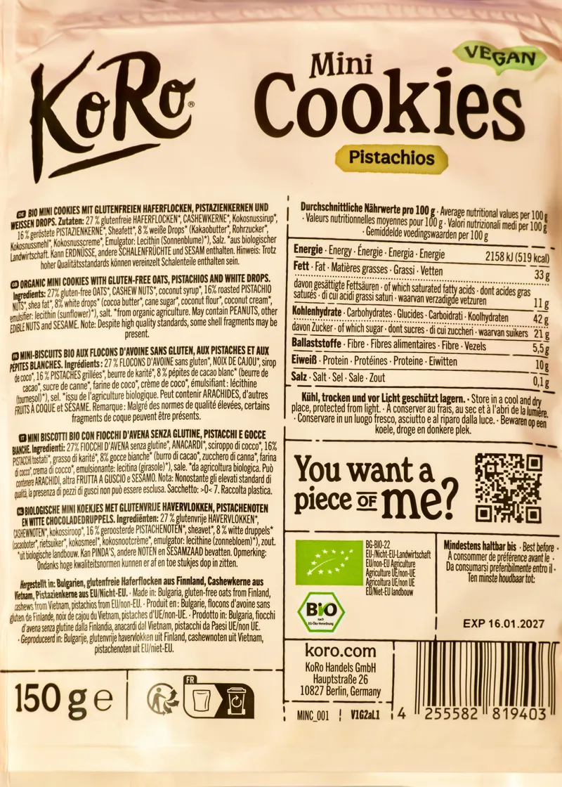 KoRo Bio Mini Cookies mit 16 % Pistazie | 10 x 150 g – Produktbild 5 von 5