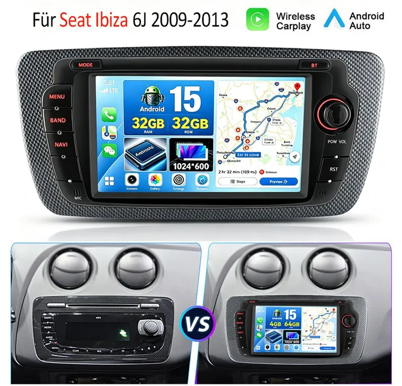 ESSGOO DAB+ 64G Android 15 Für Seat Ibiza IV 6J 2009-13 GPS Navi RDS Carplay Autoradio (RDS, 4+64GB(optional), DAB (optional), FM, AM, DAB+ (optional), Apple Carplay & Android Auto,2+64GB(optional),EQ SWC,DBA) – Produktbild 2 von 5