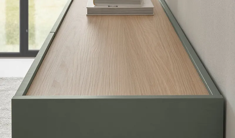 Furn.Design Wohnwand Center, (3-teiliges Set in Salbei mit Eiche Dekor, ca. 340 cm), mit 10 Fächern und 220 cm TV Lowboard, Grün, – Produktbild 4 von 5