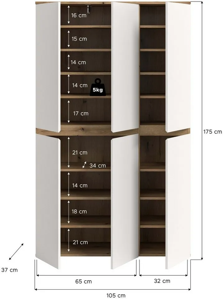 xonox.home Mehrzweckschrank in weiß/Evoke Oak Nachbildung B/H/T ca.: 105 x 175 x 37 cm, Weiß, – Produktbild 5 von 5